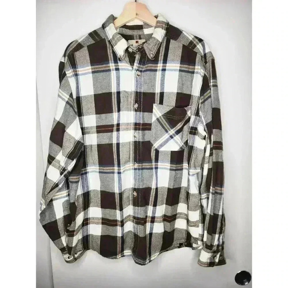 Woolrich Mens Large Long Sleeve Button Down Brown/Whi Plaid Cotton Flannel Shirt - Picture 1 of 5